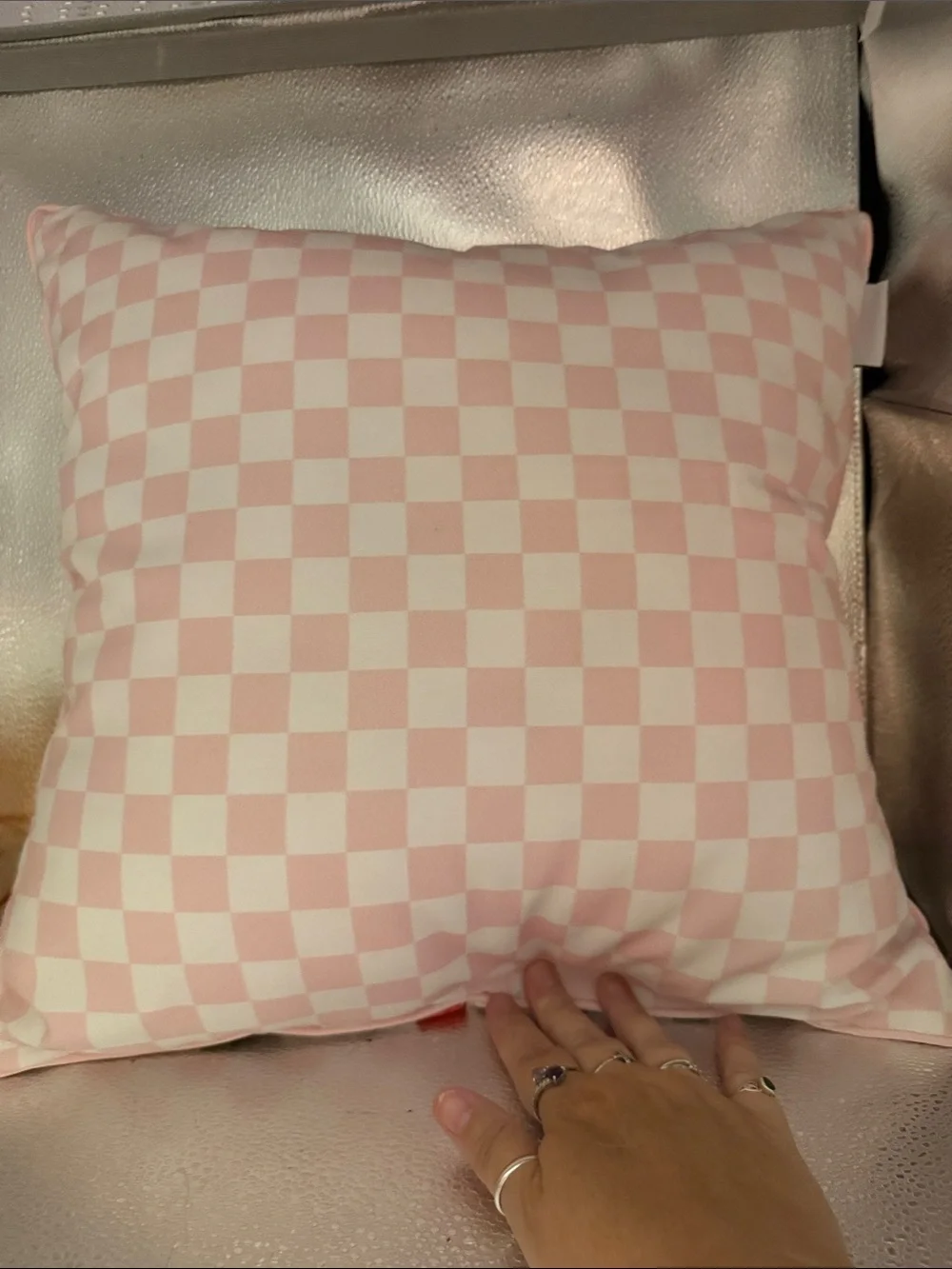 Spoon flower Cherry Print and Pink and white checkered on the Back